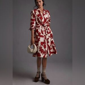 Anthropologie Maeve Poplin Midi Shirt Dress Medium Deep Red Floral